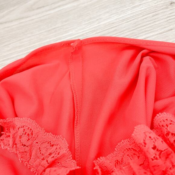 Vintage Shadowline Nylon Nightgown M Medium Red Sleeveless Silky Lace Sweep - Picture 12 of 16